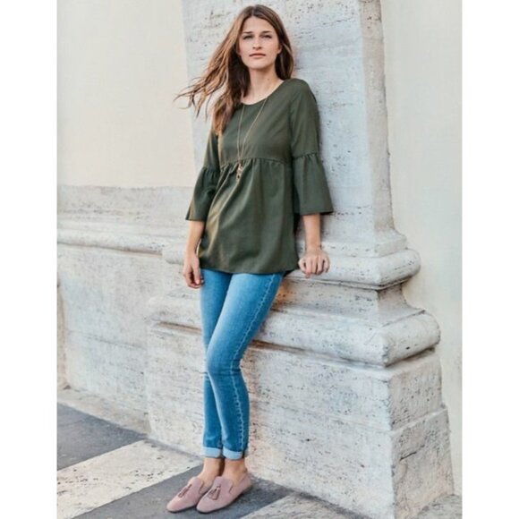 Boden Shirt 12 Curved Seam Tunic Olive Green Mineral Wash Bell Sleeves Boho - Picture 2 of 12